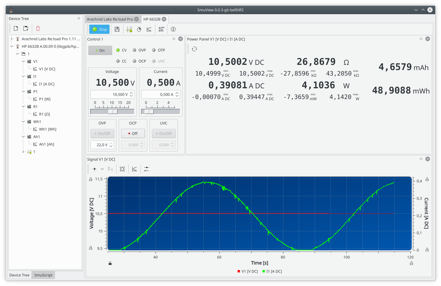 SmuView with a power supply.